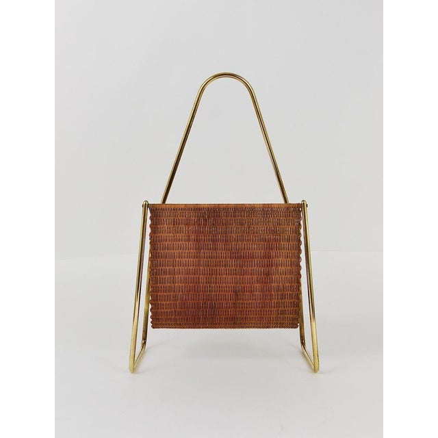 Mid-Century Modern Mid-Century Magazine Rack in Brass and Woven Cane in the style of Carl Auböck, Austria, 1950s For Sale - Image 3 of 18