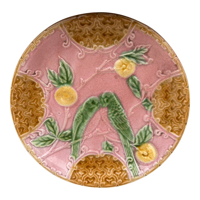 French Pink Majolica Parakeets Plate Salins, Circa 1890 For Sale