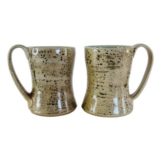 1990s Art Studio Pottery Brown Speckled Handled Mugs, a Pair For Sale