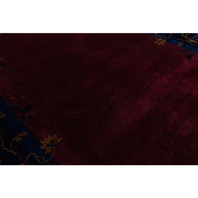 Antique Chinese Art Deco Rug in Deep Burgundy Plum With Floral & Bird Border For Sale - Image 4 of 12