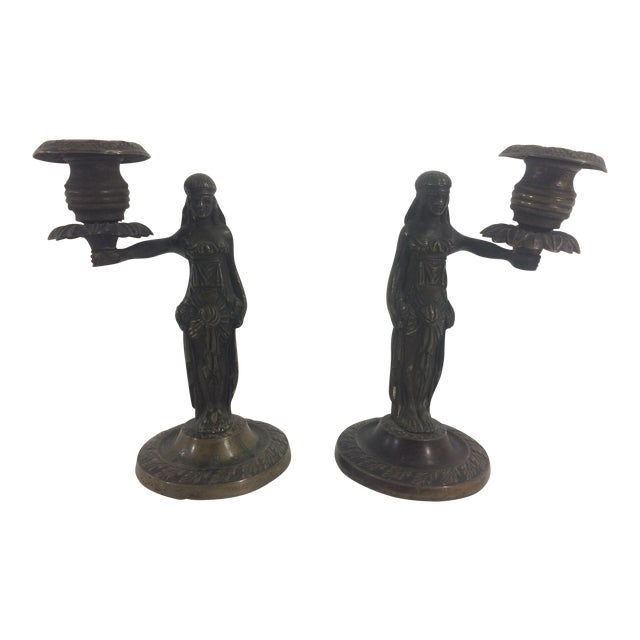 Egyptian Revival Bronze Candlesticks - A Pair For Sale