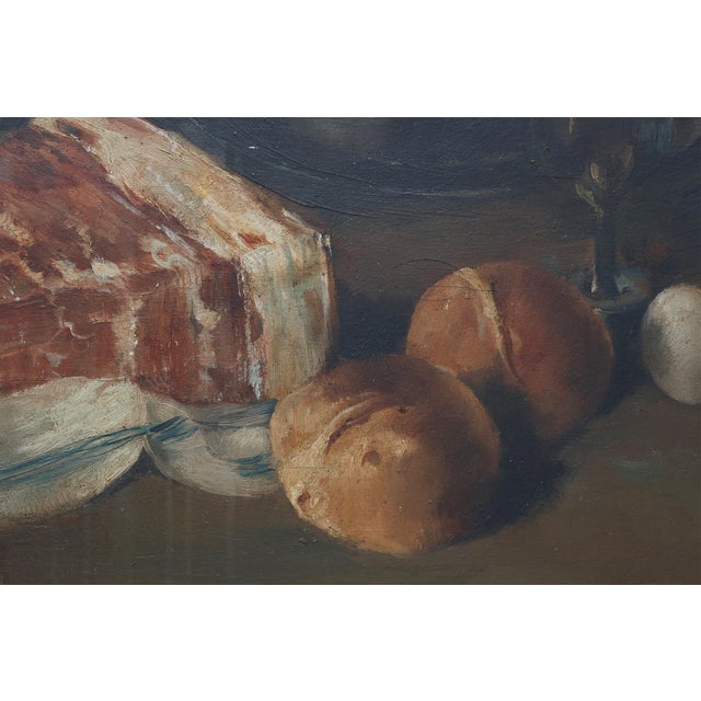 J. De Bruyne, Realist Still Life with Ham, Eggs and Bread, 1920s, Oil on Canvas For Sale - Image 8 of 11