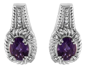.925 Sterling Silver 8x6 MM Natural Oval Purple Amethyst Gemstone and Diamond Accent Art Deco Style Drop and Dangle Earrings