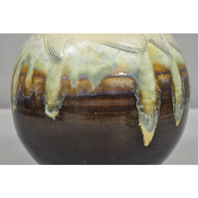 Vintage Mid Century Modern Brown Drip Glazed Bulbous Japanese Studio Vase Signed For Sale - Image 11 of 12