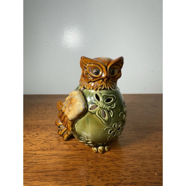 Art Deco Vintage Ceramic Owl Figurine Incense Holder Green Brown Glaze Pierced Pottery For Sale - Image 3 of 9
