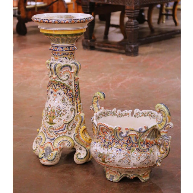 Ceramic Early 20th Century French Desvres Faience Jardinière on Pedestal For Sale - Image 7 of 16