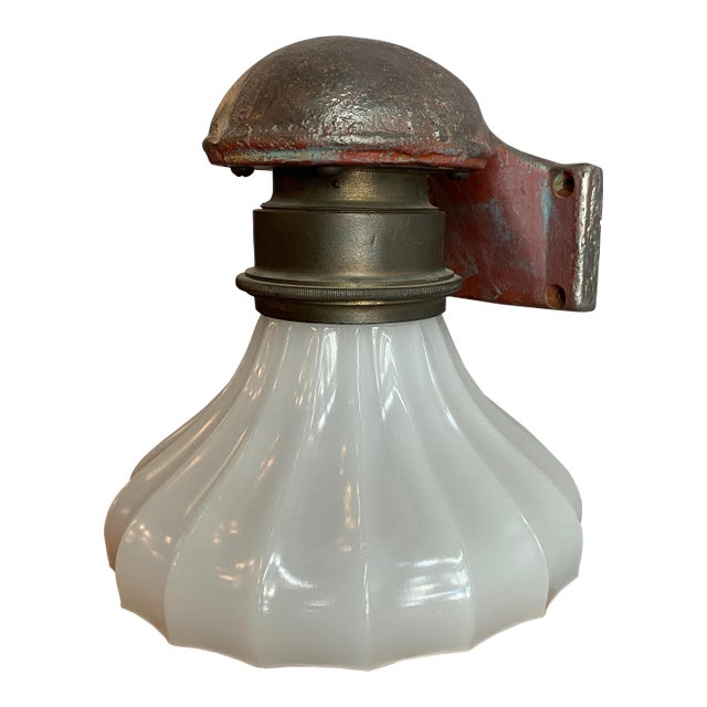 Antique Industrial Cast Iron Wall Sconce With Milk Glass Shade For Sale