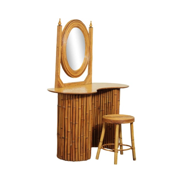 Vintage Bamboo Kidney Shape Vanity with Mirror, Stool - a Pair For Sale - Image 13 of 13