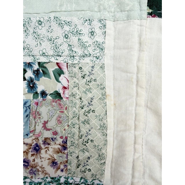 Mid 20th Century Vintage Hand Stitched Log Cabin Quilt Green And White, Square 77x79” For Sale - Image 5 of 18
