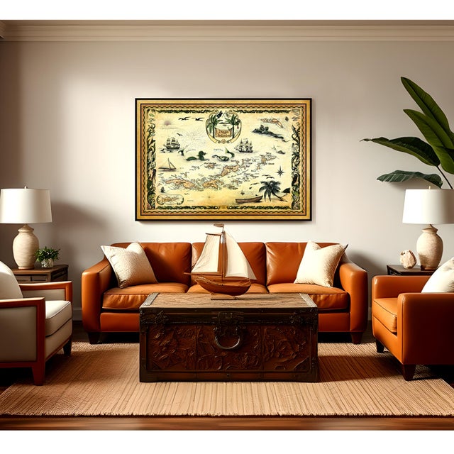Hand-Drawn Virgin Islands Nautical Chart - 30" X 44" Framed Canvas For Sale - Image 13 of 15