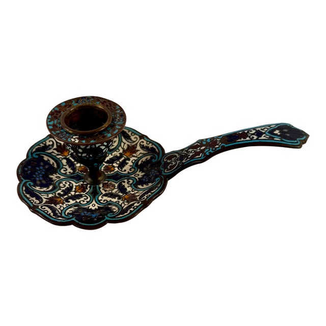 Antique, French Enamel Chamberstick With Champelevé Decoration Late 1800s For Sale