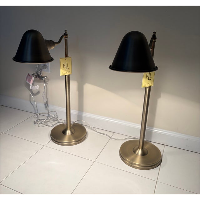Metal Ralph Lauren Adjustable Antique Brass Table Lamps - A Pair For Sale - Image 7 of 9