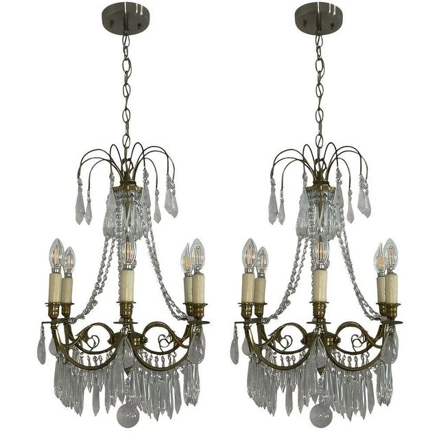 French Pair of French Brass Chandeliers With Rock Crystal & Glass. Early 20th Century. For Sale - Image 3 of 7