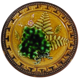 1900s Majolica Fern & Leaves Plate Signed Sarreguemines For Sale