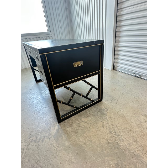 Black Vintage Sligh Furniture Black Lacquer Campaign Desk With Gold-Tooled Leather Top & Faux Bamboo Base For Sale - Image 8 of 15