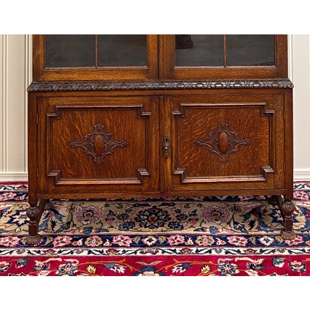 Wood Antique English Jacobean Bookcase Bookshelf Cabinet Double Door Oak c.1930s For Sale - Image 7 of 17