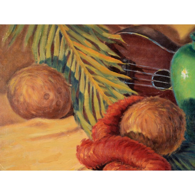 Paint Tropical Still Life With Green Pot and Ukulele in Oil on Wood Panel by N. Weber For Sale - Image 7 of 9