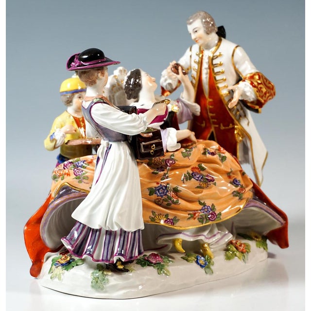 Exquisite and rare genre group of the 19th century: lady in elaborate, magnificent rococo clothing with a sweeping...