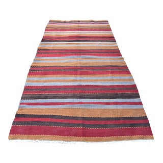 1960s Mid-Century Modern Striped Design Burgundy Turkish Vintage Wool Kilim Rug For Sale