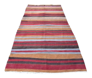 1960s Mid-Century Modern Striped Design Burgundy Turkish Vintage Wool Kilim Rug
