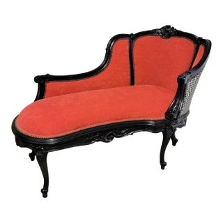 Louis XV Revival Black Lacquered Chaise Lounge With Dark Rose Upholstery and Gingham Back For Sale