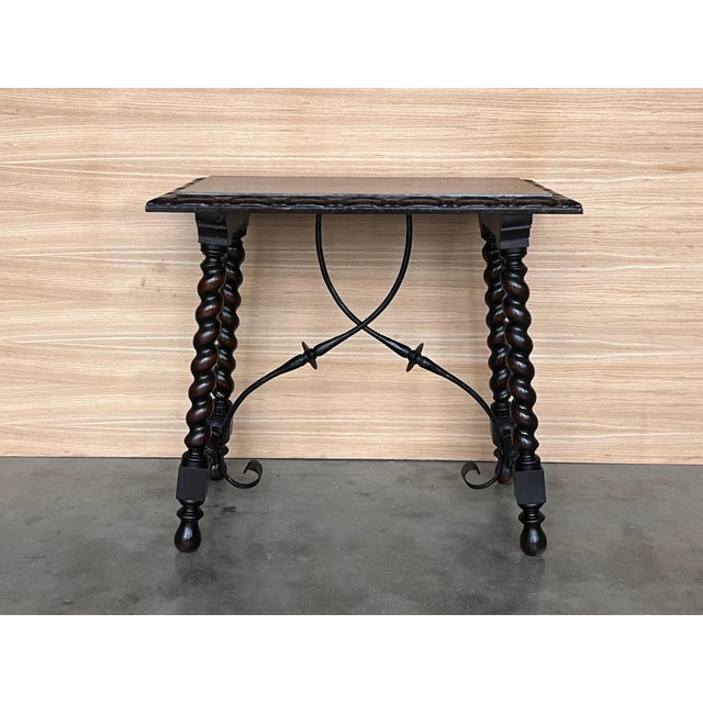 19th Spanish Side Table with Cared Turned Legs and Iron Stretcher For Sale - Image 16 of 18