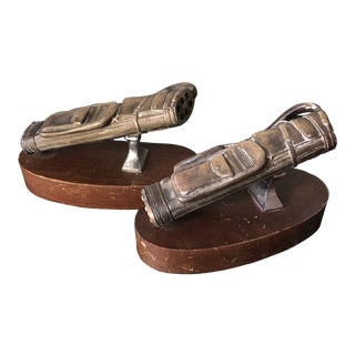 Brass Golf Bags Wooden Bookends - a Pair For Sale