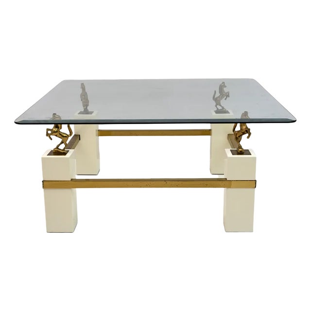 Mid-Century French Coffee Table with Brass Horses from Maison Charles, 1970s For Sale