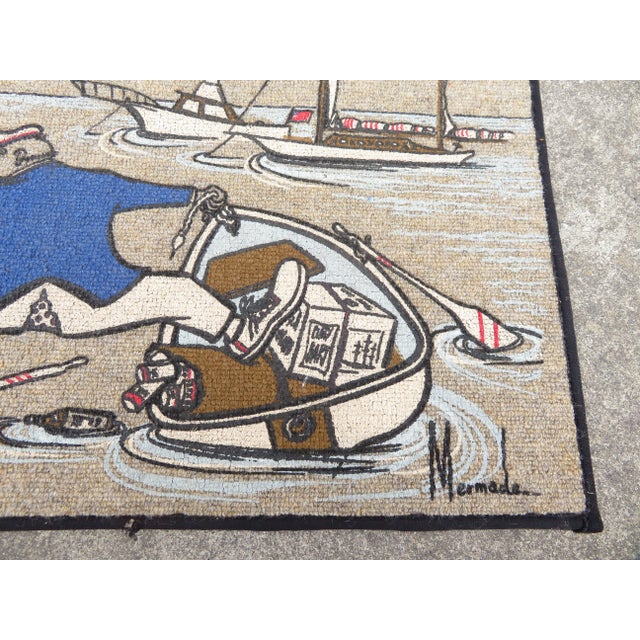 Vintage signed "Mermade" tightly woven hook latch rug tapestry WITH HAND PAINTING on it. Fun image of a fisherman tipping...