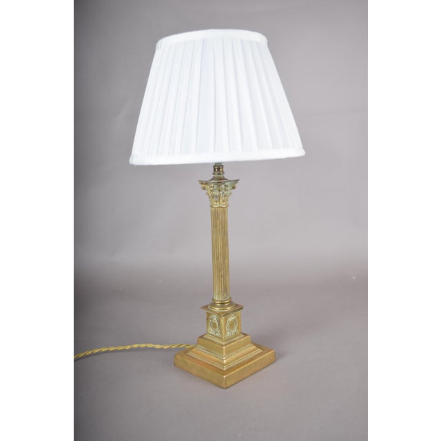 Brass Corinthian Column Table Lamp with Pleated Shade, 1930s For Sale - Image 3 of 13