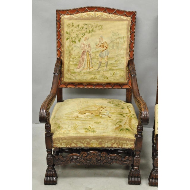 Antique French Louis XIV Style Needlepoint Tapestry Carved Walnut Arm Chair Pair For Sale - Image 4 of 18