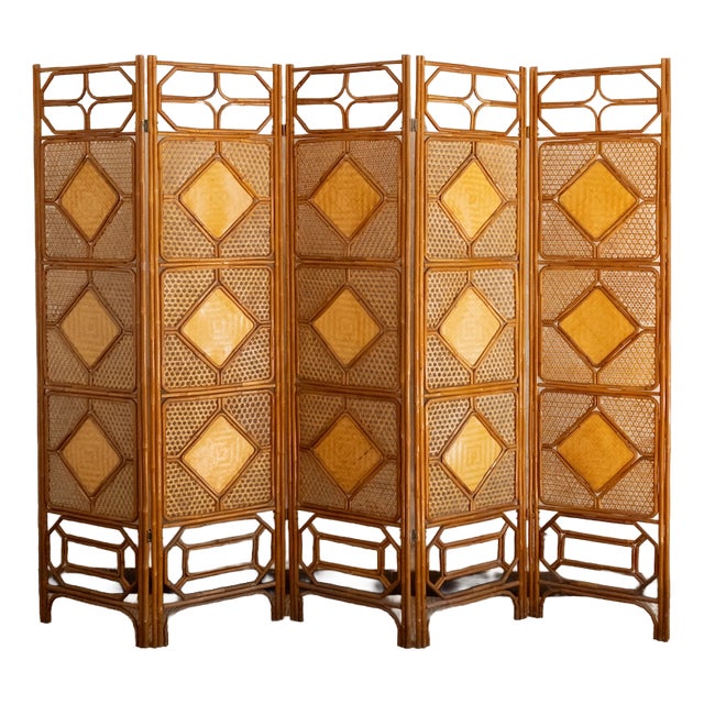 Folding Bamboo Screen with Woven Rush Panels, 1970s For Sale