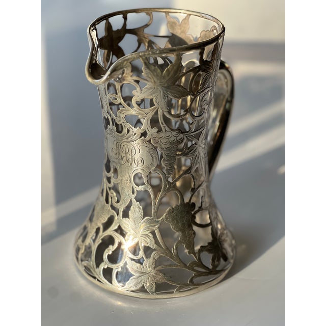 Metal Antique 8.5" Alvin Silver Over Clear Glass Decanter Pitcher, R326 For Sale - Image 7 of 9