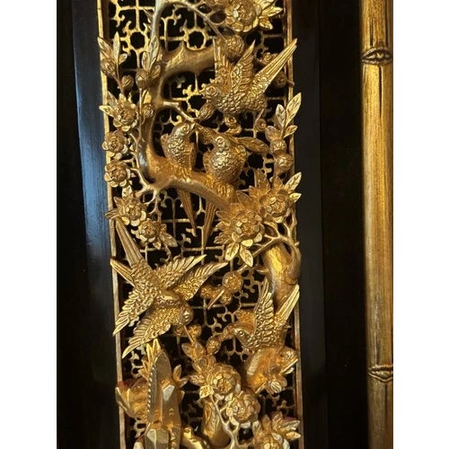 Wood Vintage Chinese Giltwood Carved Relief Wall Hanging With Birds Flowers and Trees For Sale - Image 7 of 10
