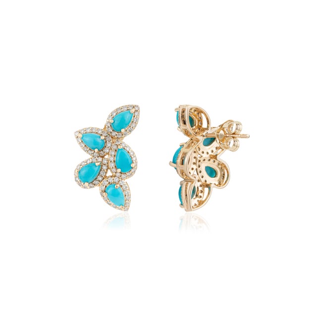 Metal 2.29ct Pear Cabochon Turquoise & Diamond Floral Stud Earrings in 14k Gold- A Pair For Sale - Image 7 of 12