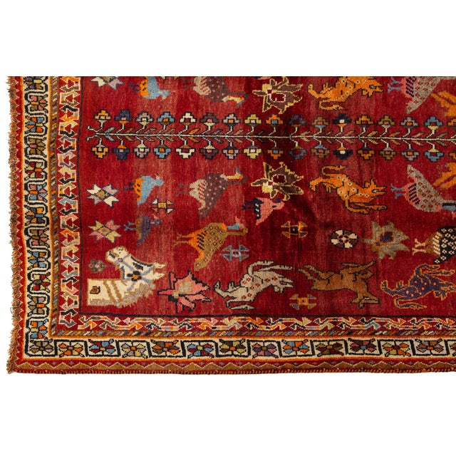 Pictorial Designed Vintage Shiraz Persian Wool Rug in Red For Sale - Image 4 of 8