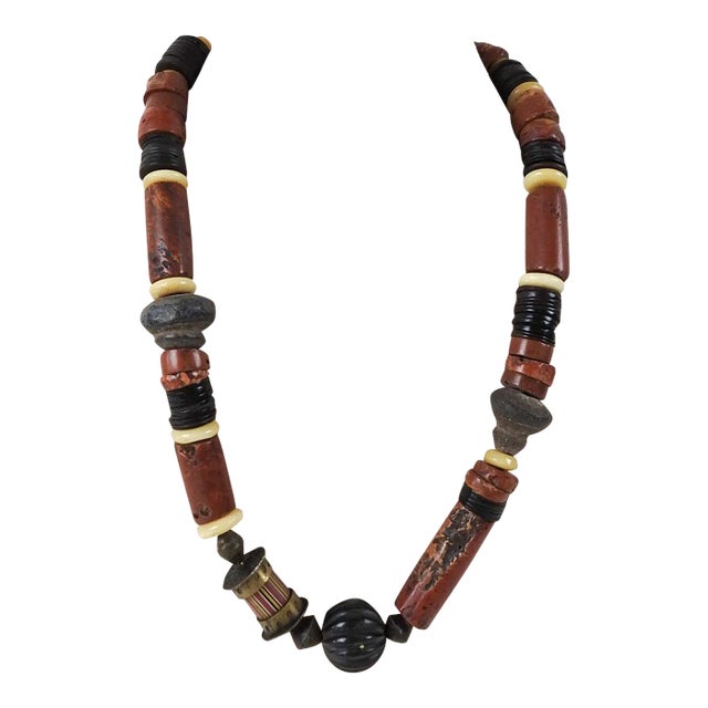 Vintage 1990s Artist Made Tribal Bauxite Pottery Beaded Necklace For Sale