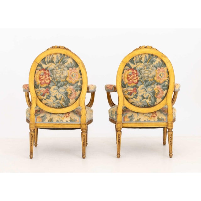 Pair of Louis XVI Style Tapestry Upholstered Giltwood Fauteuils For Sale - Image 4 of 12