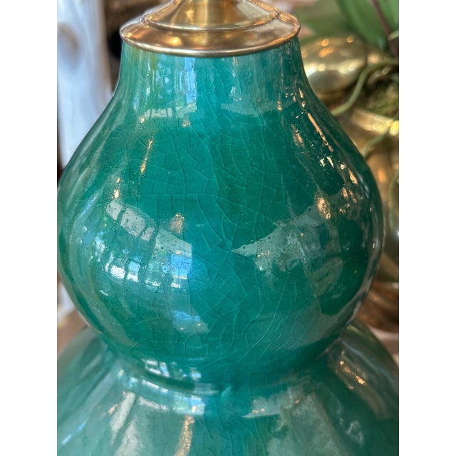 Vintage Pair Gourd Green Crackle Glaze Porcelain Table Lamps Newly Wired Brass For Sale - Image 9 of 12
