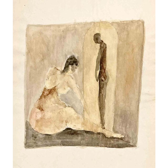 Original Gouache on paper. Two figures silently interacting. A larger, female figure is sitting naked on the floor,...