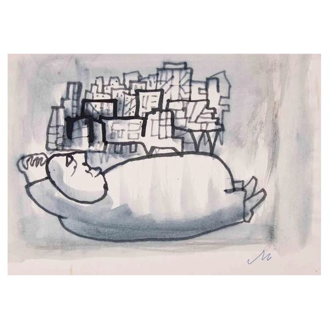 Mino Maccari, Builder, Watercolor Drawing, 1960s For Sale