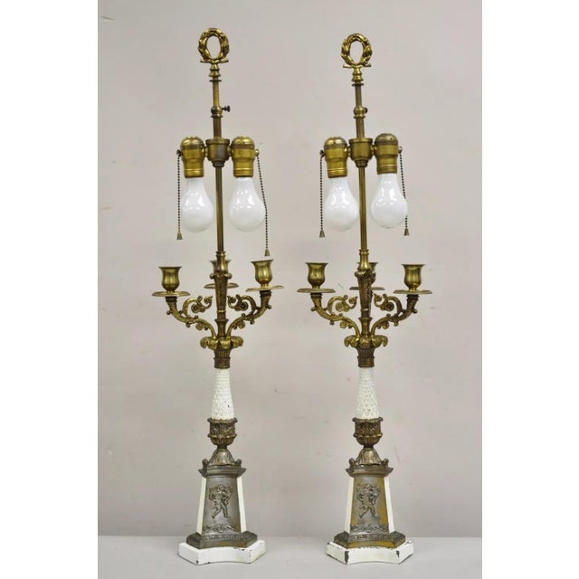 Vintage French Empire Style Candlestick Candelabra Brass Table Lamps - A Pair For Sale - Image 12 of 12