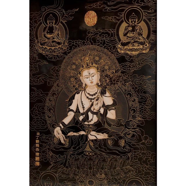 Chinese framed porcelain Buddhist temple plaque Saptalochana Tara, a finely drawn depiction of Seve-eyed Tara in black and...