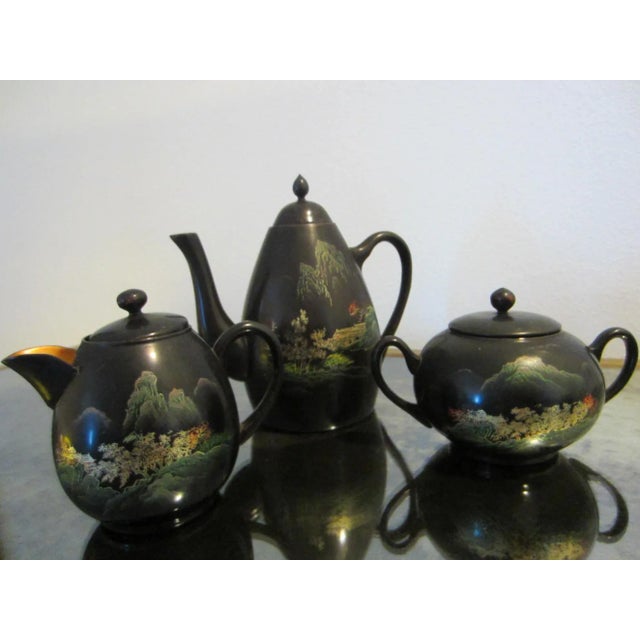 Antique Chinoiserie Black and Gold Hand Painted Lacquer Tea Set- 18 Pieces For Sale - Image 16 of 17