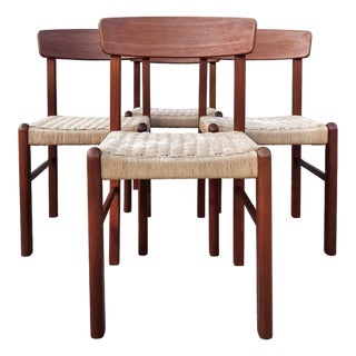 Mid Century Danish Modern Paper Cord Seat Dining Chairs | Set of Four by Sun Cabinet For Sale