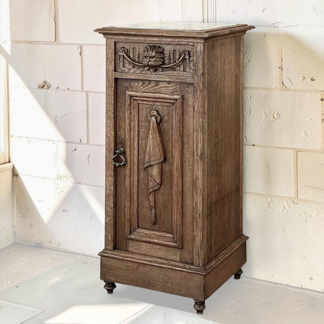Rustic Antique Neoclassical Marble Top Nightstand ~ Pedestal is an intriguing piece, being just shy of three feet tall yet...