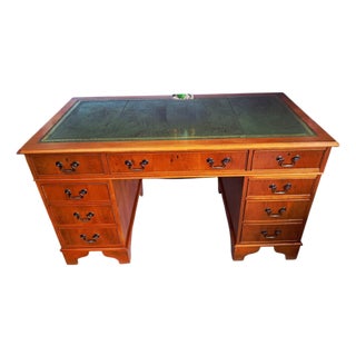 Vintage Twin Pedestal Desk in Yew Wood and Leather Top, 1980 For Sale