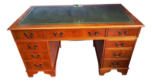 Vintage Twin Pedestal Desk in Yew Wood and Leather Top, 1980