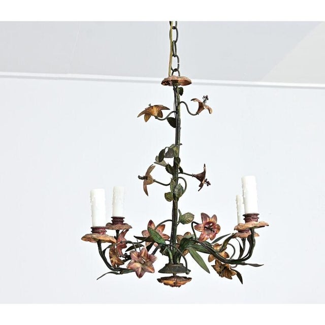 Green French Vintage Tôle Painted Floral Chandelier For Sale - Image 8 of 13