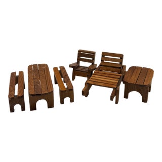 Vintage 1:12 Scale Miniature Wooden Patio Furniture Set – Adirondack Style – Dollhouse Garden Set For Sale
